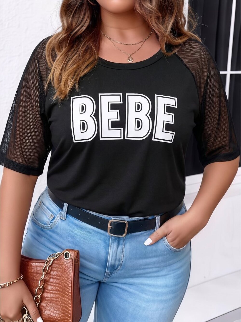 Bebe Sport Plus Size 2X Casual Lounge Black Tee With Mesh Short Sleeves